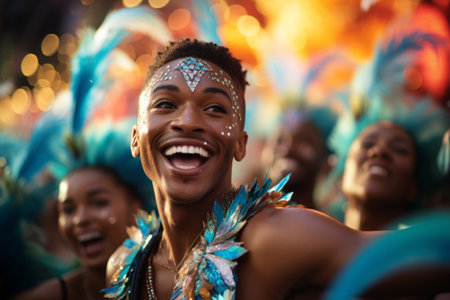The image of a young man in a sparkling and magnificent carnival costume at the site of the annual fun extravaganza and dance festival.の素材