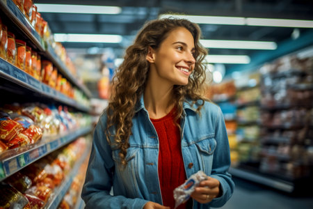 A gorgeous young woman in a great mood is shopping for goods in a large grocery hypermarket or department store. A selection of nutritious and mouth-watering products for cooking lunchの素材