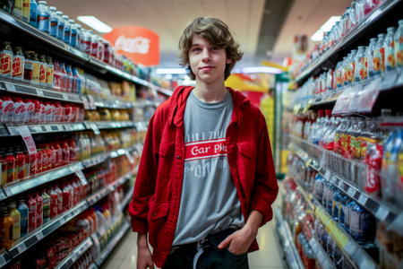 A cheerful teenage boy in the middle of the high shelves of a supermarket makes a purchase of soda. Harmful and improper nutrition.の素材