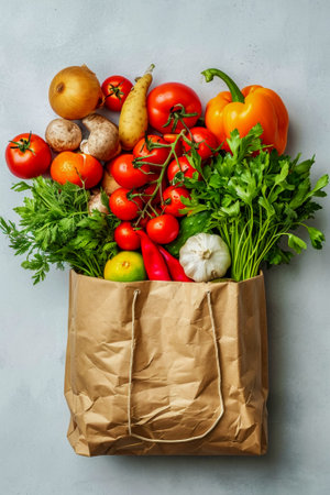 A biodegradable grocery bag with vegetables, Tomatoes, cucumbers, sweet peppers, zucchini, cabbage, carrots, greens. The benefits of plant foods for proper nutrition. Vertical view.の素材