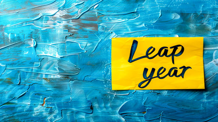 The concept of a leap year. Yellow sticker on a blue background with the inscription "Happy Leap year".の素材