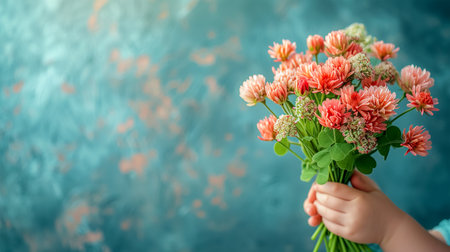 A side view of the hands of a small child holding a blooming bouquet of happy clover shamrocks, in honor of the celebration of the traditional St. Patrick's Day. The banner. Place for the textの素材