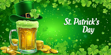 Green background with an Irish hat, beer and coins. The traditional celebration of St. Patrick's Day. Illustration, banner.の素材