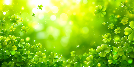 A canvas of greenery and trefoil leaves, the Irish mascot of the St. Patrick's Day holiday is a lucky quatrefoil. The banner. Place for the text.の素材