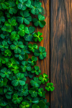 A green background with shamrock leaves, a happy Irish image of the St. Patrick's Day holiday - a clover with four leaves.. Vertical.の素材