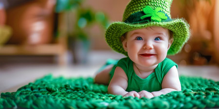 Posing against the background of foliage and green shamrocks of happy clover, the adorable toddler is dressed in a traditional leprechaun costume during the St. Patrick's Day holiday.の素材