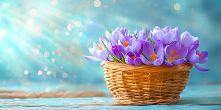 Delicate lilac crocuses in a wicker brown basket represent the arrival of spring and the rebirth of nature after winter. Place for text, banner.の素材