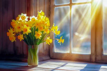 The watercolor illustration of orange daffodils on the background of a window and warm rays of the sun symbolizes the beginning of spring and the awakening of nature after a winter sleepの素材