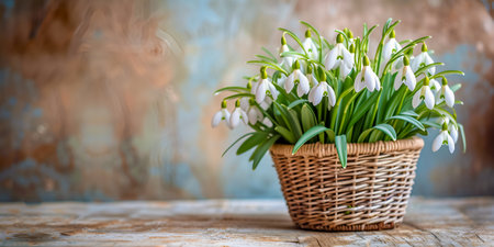 A beautiful wicker basket with fragrant spring lilies of the valley on a wooden background. A symbol of warmth and the awakening of spring. Banner, place for text.の素材