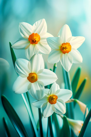 Magnificent delicate spring daffodils symbolize the awakening of wildlife and the arrival of a new season. Pastel colors, blue shades. Vertical image.の素材