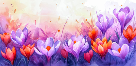 This delicate spring background with bright crocuses symbolizes the awakening of nature after winter and the arrival of the long-awaited spring. The banner. Watercolor illustration.の素材