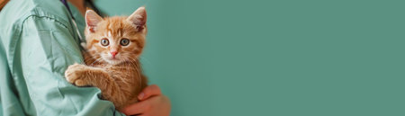 A veterinarian in a medical gown holds a cute red-haired little kitten on a green isolated background. The concept of caring for and caring for pets. Banner, place for text.の素材