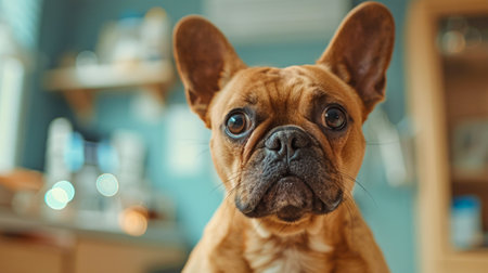 Portrait of a cute English bulldog on the background of a veterinary clinic. The concept of pet care and care, routine check-ups and vaccinations.の素材