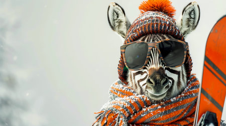 A cute zebra in a warm hat, an orange scarf and sunglasses with ski accessories on a light isolated...