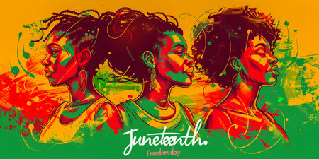 Abstract red, green and orange background with lettering and portraits of African Americans. The...