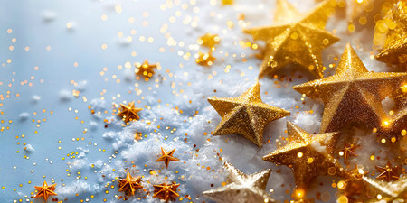 A side view of a festive abstract Christmas background with glowing golden stars and snow can be...