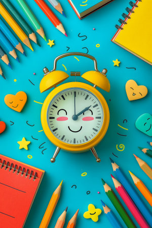 Back to school. There is a cute alarm clock on the background of school supplies. The concept of education and new knowledge. Vertical illustration.の写真素材