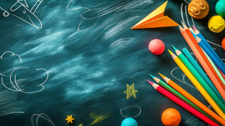 Back to school. View from above. There are colored pencils for drawing, a paper airplane and chalk drawings on the background of a school green board. The concept of education and new knowledge.の写真素材