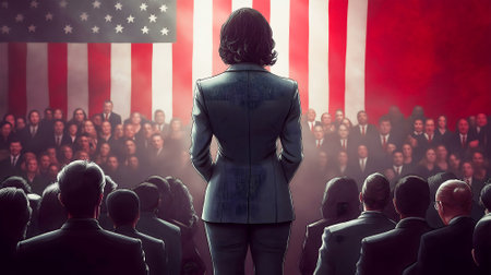 The United States presidential election in 2024. A woman makes a speech at a press conference in the government building. Election debates, freedom and independenceの写真素材