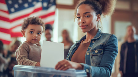 The United States presidential election in 2024. An African-American woman with a child puts a bill...