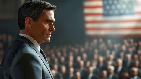 The United States presidential election in 2024. A male speaker delivers a speech at a press conference in the government building. Election debates, freedom and independence.の写真素材