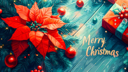 Beautiful Christmas illustration. Bright red flowers of the traditional poinsettia plant and beautiful holly leaves and berries, greetings, postcard.の写真素材