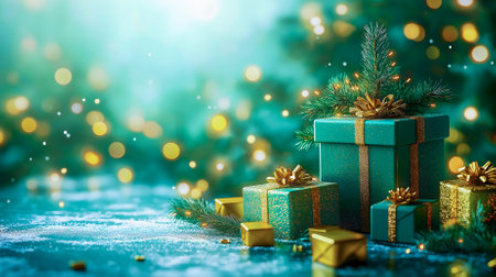 Christmas green boxes stacked in the form of a Christmas tree and decorated with garlands and sequins. A creative Christmas tree, an advertisement for a gift and greeting store, a place for text.の写真素材