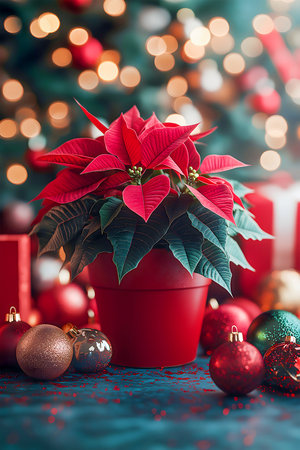 Beautiful Christmas photo. Bright red flowers of the traditional poinsettia plant in a wooden flower pot on the background of a beautiful living room and a Christmas tree and a side garland.の写真素材