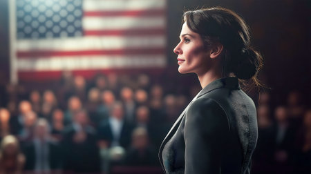 The United States presidential election in 2024. A woman makes a speech at a press conference in the government building. Election debates, freedom and independenceの写真素材