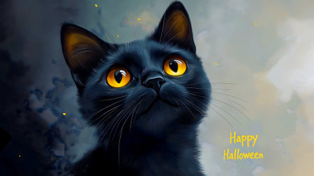 The concept of celebrating a happy Halloween. A cute black cat with yellow eyes looks up, next to the inscription.の写真素材