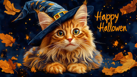 The concept of celebrating Halloween. A beautiful red cat in a magic hat on a dark background, next to autumn leaves and a golden inscription.の写真素材