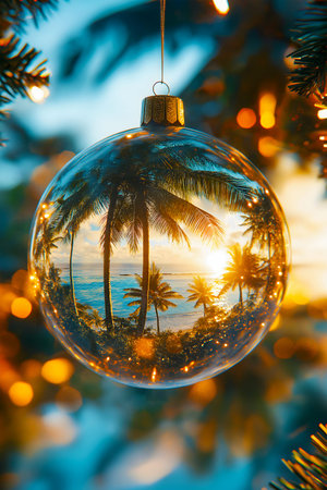 New Years Eve step on a Christmas tree with a tropical island and ocean. Traditions, fulfillment of...