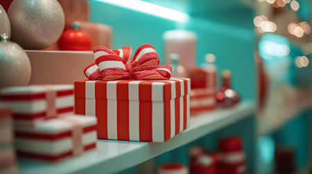 Colorful gifts are artfully arranged on a festive shelf, showcasing red and white stripes alongside shiny ornaments and holiday decorations, creating a cheerful winter atmosphere.の写真素材