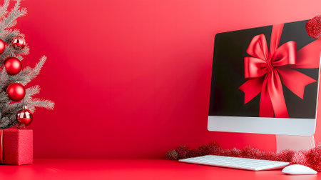 A cheerful workspace is set for Christmas, showcasing a computer with a large red bow on the screen. A small tree and festive decorations enhance the holiday spirit.の写真素材