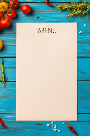 A blank menu is placed on a rustic wooden table, surrounded by vibrant red tomatoes, green herbs, and colorful chilies. The setting suggests a fresh culinary experience.の写真素材