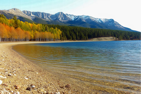 Lush autumn trees line the shore of a tranquil lake, reflecting stunning colors against a backdrop of majestic, snow-capped mountains under a clear sky.の写真素材