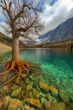 A solitary tree with intricate roots is positioned by a clear turquoise lake, surrounded by majestic...