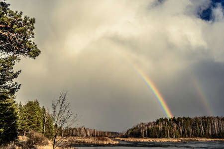 Rainbow in the spring sky on the background of the lakeの写真素材