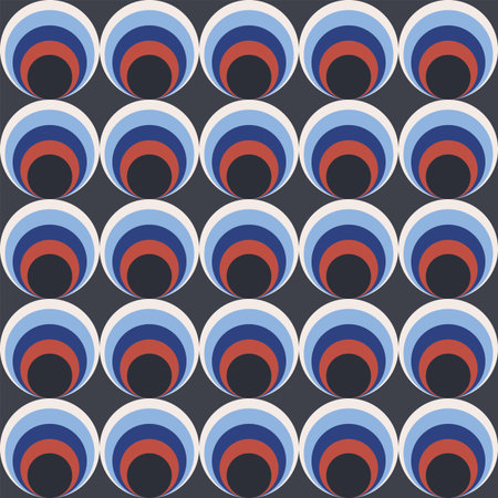 Colorful circles abstract seamless pattern. Retro 70s nostalgic geometric vector background. Modern fashion print for fabric with groovy elements, funky textile designのイラスト素材