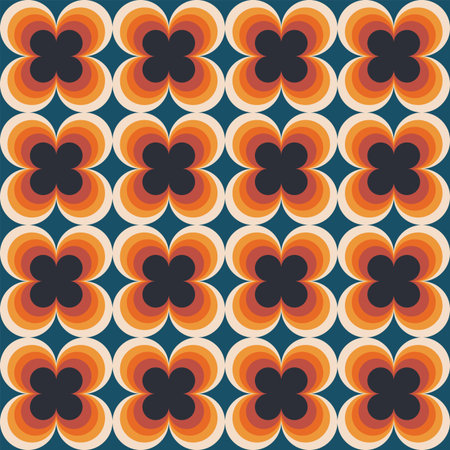 Vintage geometric floral seamless pattern. Retro 70s nostalgic simple shaped groovy flowers with...