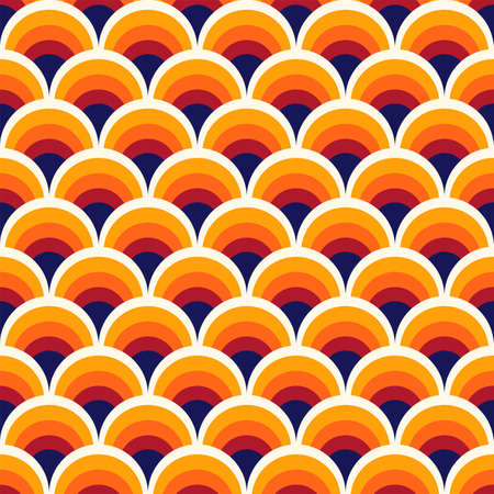 Fish scale abstract geometric seamless pattern. Colorful circles 70s style nostalgic retro background. Classic rainbow fashion print for fabric, paperのイラスト素材