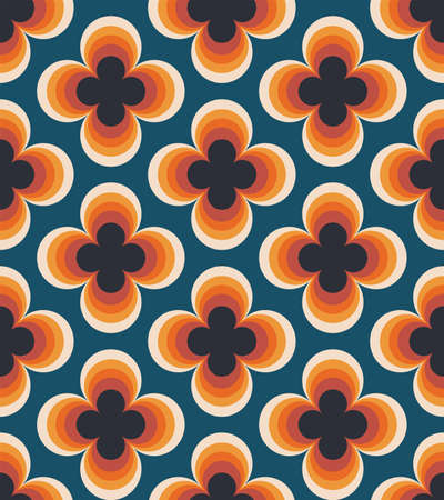 Vintage geometric floral seamless pattern. Retro 70s nostalgic simple shaped groovy flowers with circles colorful background.のイラスト素材