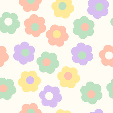 Groovy 70s retro style seamless pattern. Simple shaped flowers vector background. Cozy vintage fabric print, kids clothes, home textileのイラスト素材