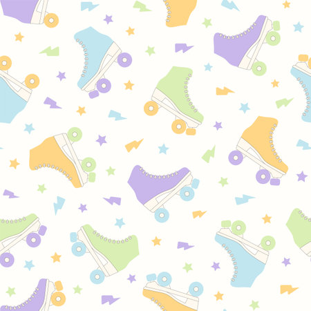 Roller skate groovy seamless pattern. Pastel colored retro vector background. Cartoon style fashion print for fabric, wallpaper, wrapping paperのイラスト素材
