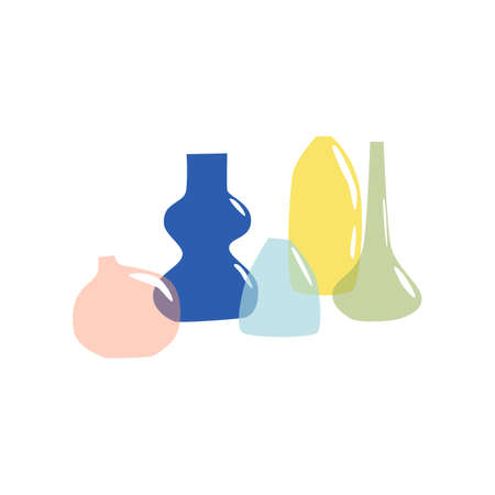 Modern vases vector illustration with colored glass bottles and jars transparent. Ikebana minimalist background. Trendy print for package branding, social media, greetingのイラスト素材
