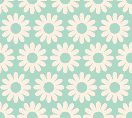 Cute cartoon groovy seamless pattern. 70s retro nostalgic textile design. Vintage geometric flowers 60s hippie style background. Floral checkerboard grid funny print.のイラスト素材