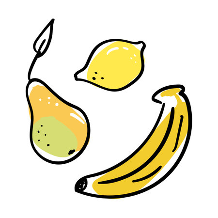 Banana, lemon and pear. Fruits hand drawn vector illustrationのイラスト素材