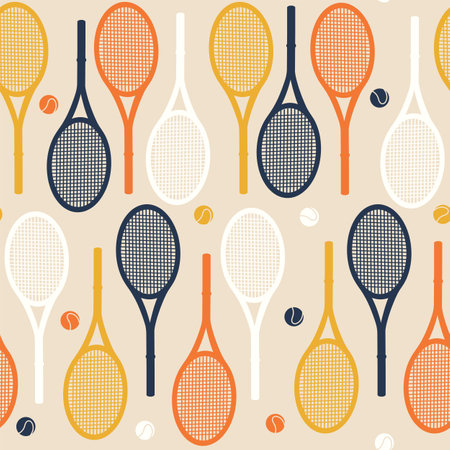Colorful sporty vector seamless pattern. Tennis accessories illustration. Flat style digital design element. Simple vector background with balls and racketsのイラスト素材