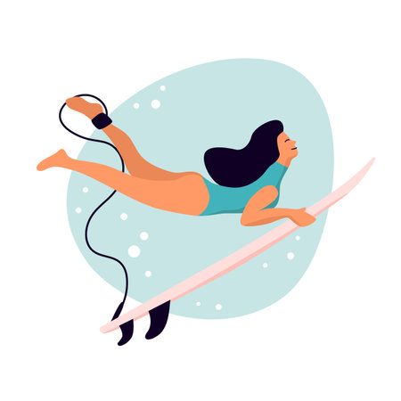 Surf girl minimalistic vector illustration. Flat style digital art. Young woman with surfboard making duck dive under the waveのイラスト素材