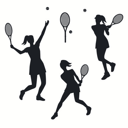 Female tennis player silhouette. Flat style digital design set element. Simple vector illustration with woman playing tennisのイラスト素材